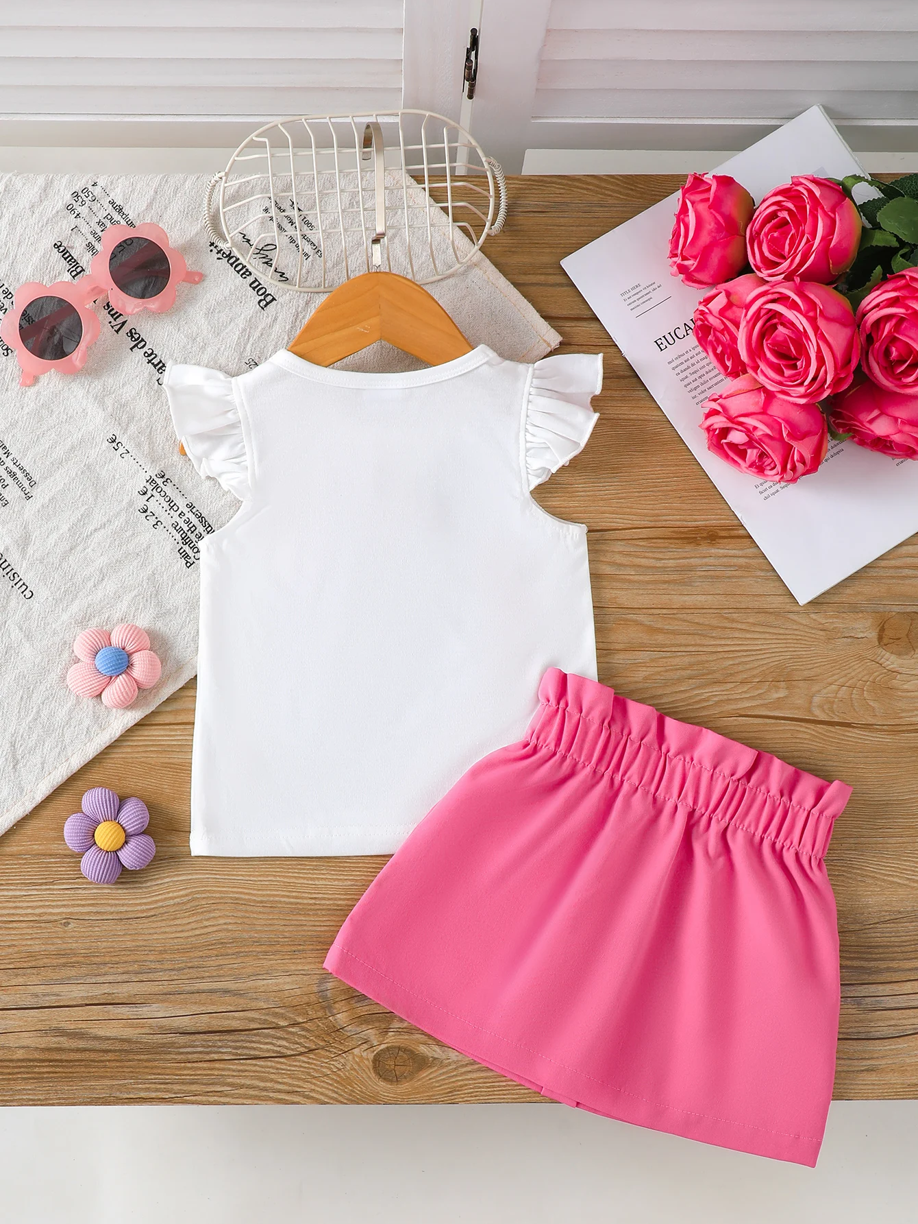 Fashion Baby Girl 3D Flower Outfit Set Ruffle Sleeve Top + Elastic Waist Pink Skirt Summer Casual Wear Clothes for 0-3Y Newborn