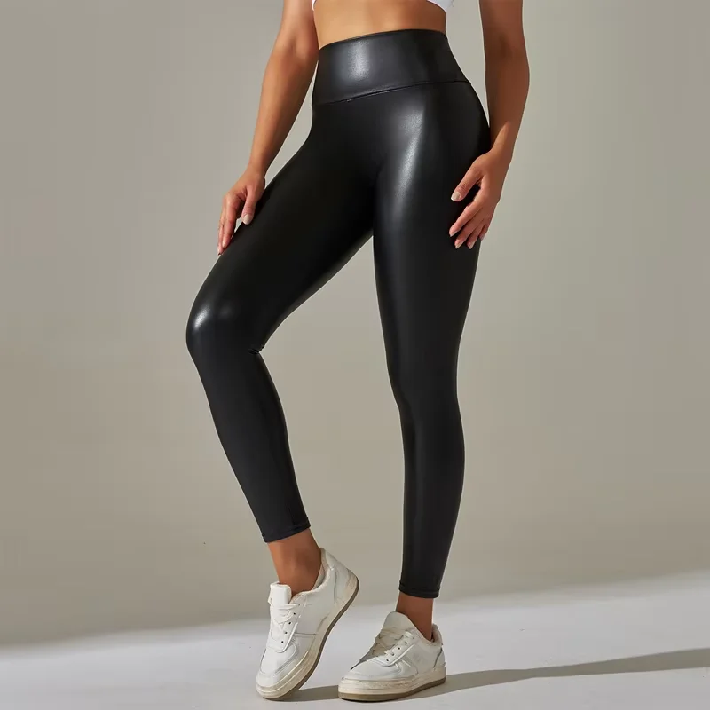 High-Waist Faux Leather Pants Yoga Casual Trousers High Elasticity Four-Season Wearable Long Pants Base Layer Pants