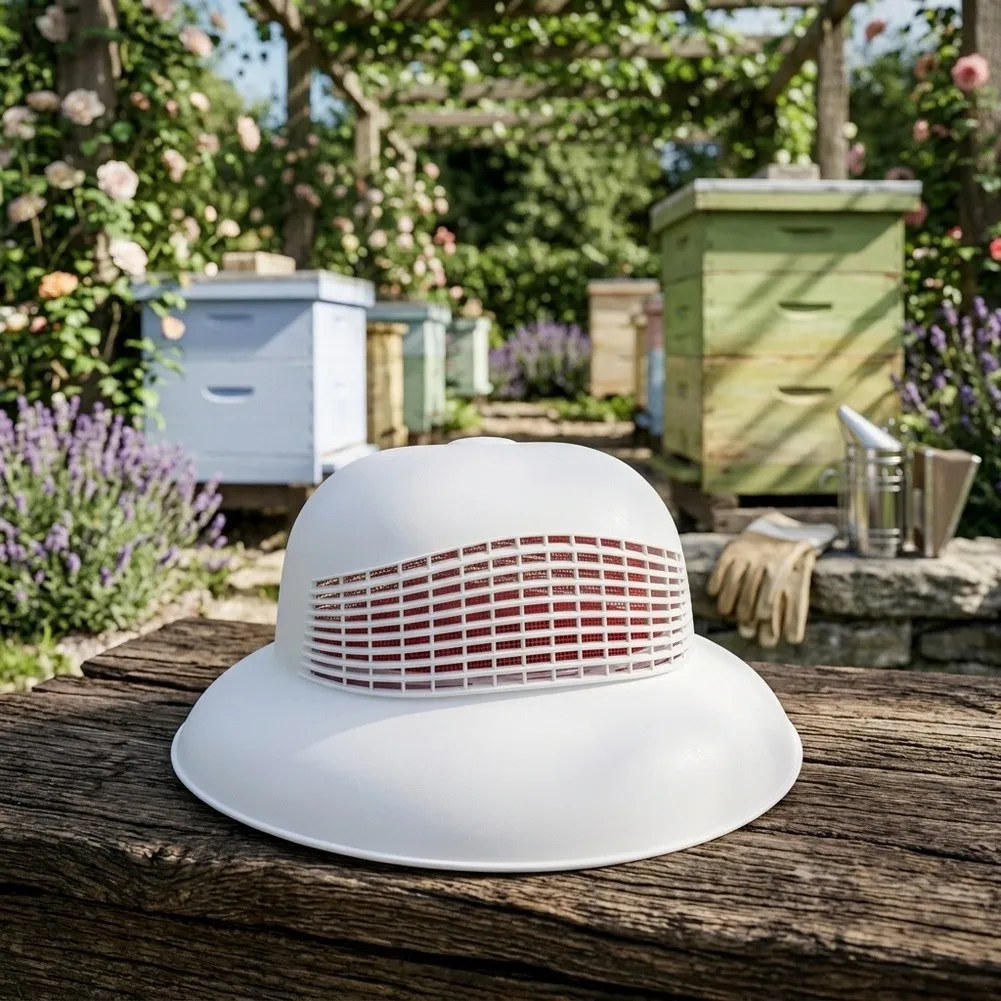 White Plastic Bee Hat with Adjustable Chin Strap and Ventilation Holes for Secure Comfort in Hive Environments
