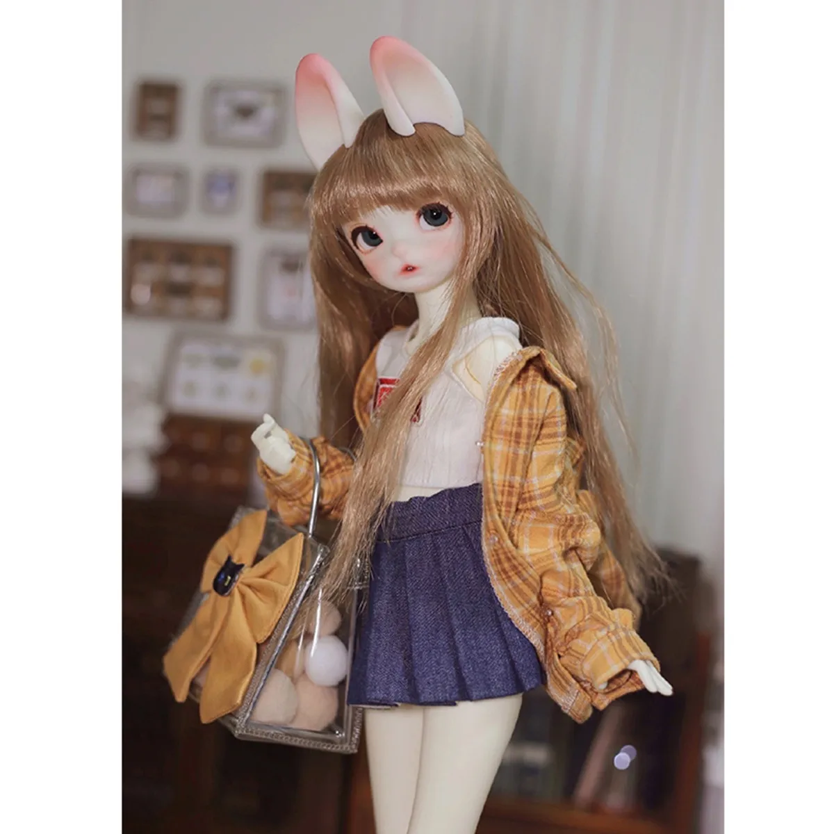 New GOKI  1/6  cute rabbit bjd send rabbit ears two-dimensional resin joint movable doll gift with clothes and shoes