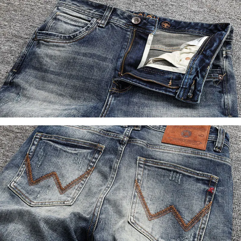 Fashion Vintage Men Jeans Retro Washed Blue High Quality Slim Jeans Men Casual Trousers Embroidery Designer Denim Pants Hombre