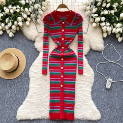 Vintage Turn-down Collar Elegant Long Sleeve Chic Striped Slim Single Breasted Knit Dresses High Street Autumn Winter Clothing