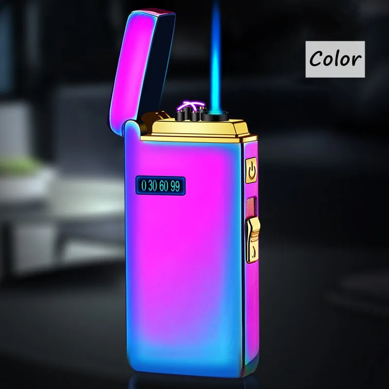 Outdoor Windproof Dual Arc Plasma USB Lighter Blue Flame Turbo Torch Butane Gas Cigar Lighter Battery Display Men\'s Gadgets