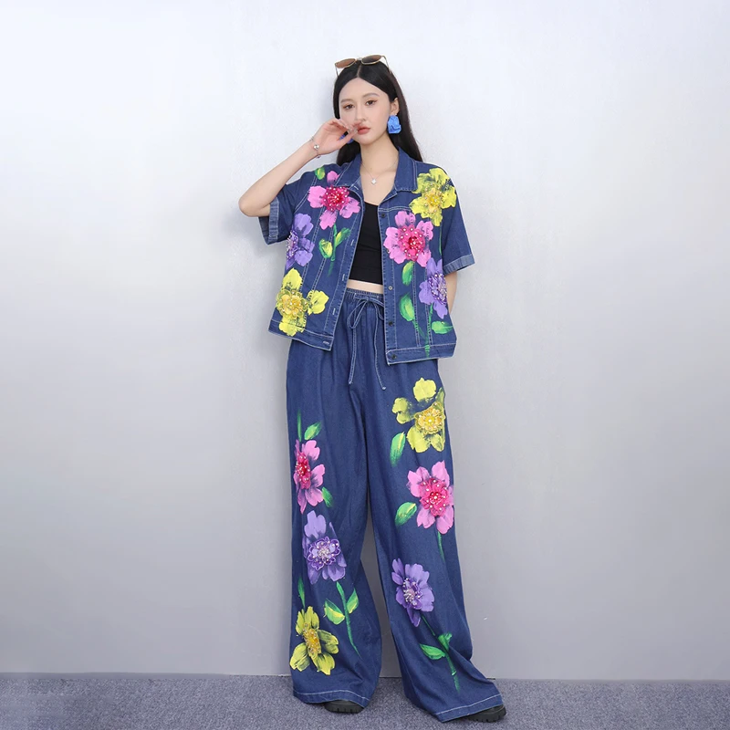 WTHT 빈티지 2025 여름 여성 정장 인쇄 반팔 데님 코트 드로잉 탄성 높은 허리 스트레이트 진 세트 여성 1LS1917