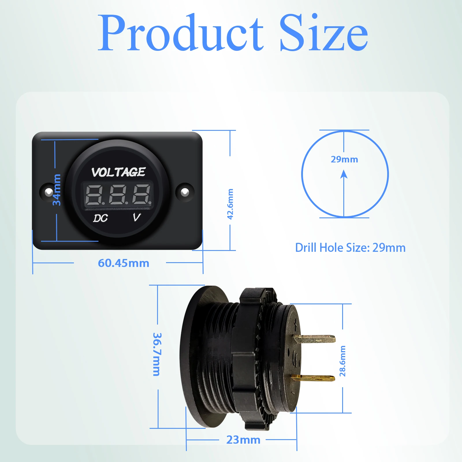 2PCS Waterproof DC 12V 24V LED Digital Voltmeter Panel Round Battery Voltage Monitor Gauge for Car Boat Marine Motorcycle RV ATV