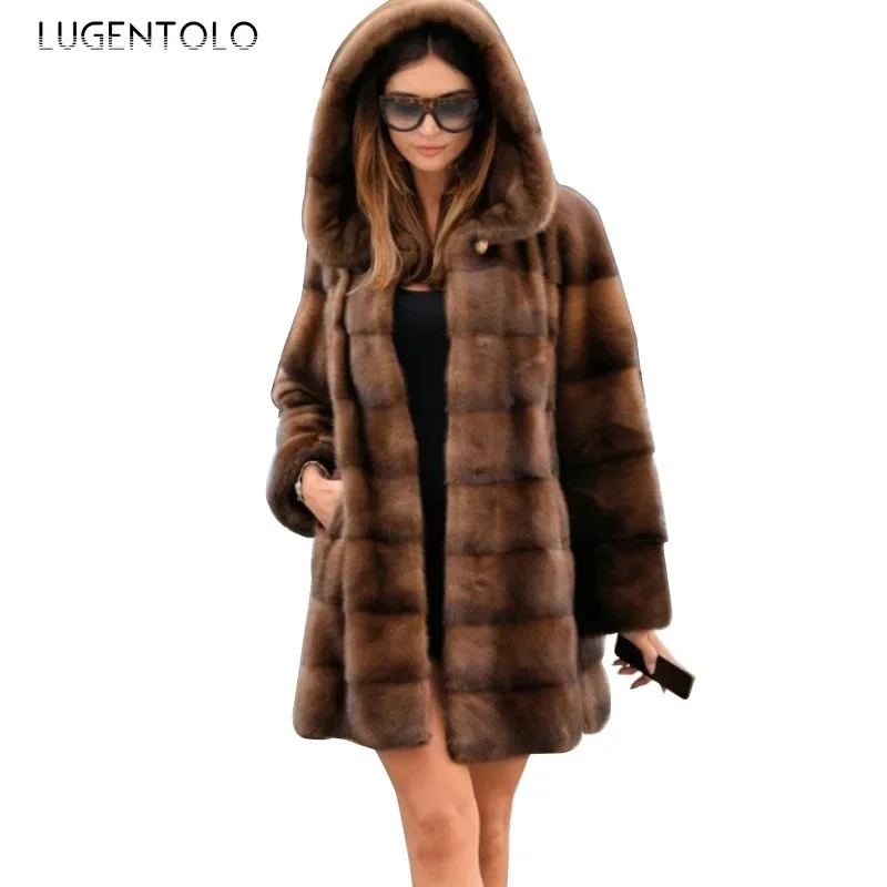 Faux Fur Wam Coat Hooded Loose New Autumn Winter Cardigan Elegant Lady Pocket Fashion Quality Street Casual Clothing Lugentolo