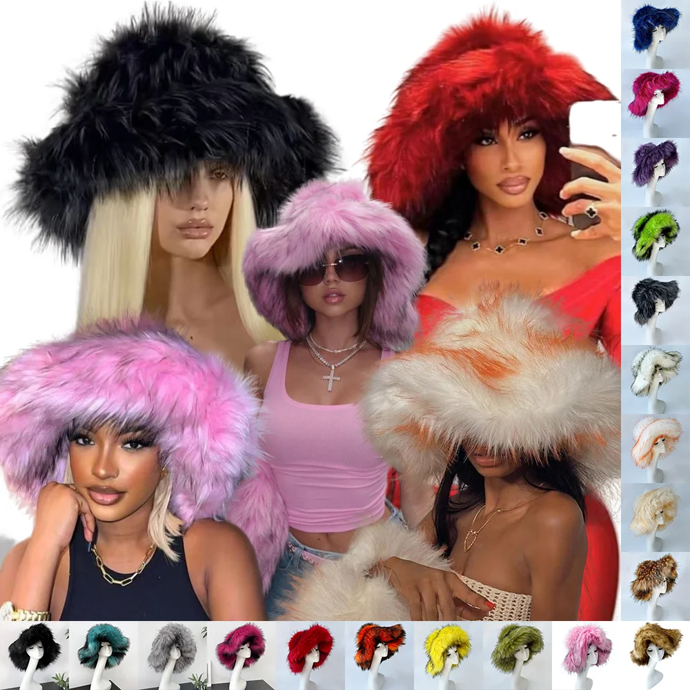 Luxury Fluffy Women Faux Fur Bucket Hats Oversized 17cm Wide Brim Thicken Outdoor Warm Plush Punk Hat Girl Y2k Female Ski Panama