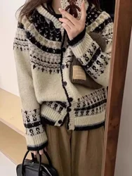 Retro Fair Isle Knit Hat Sweater Cardigan Women's Winter Nordic Style Color Block Fashionable Knittedwear Casual Loose Fit