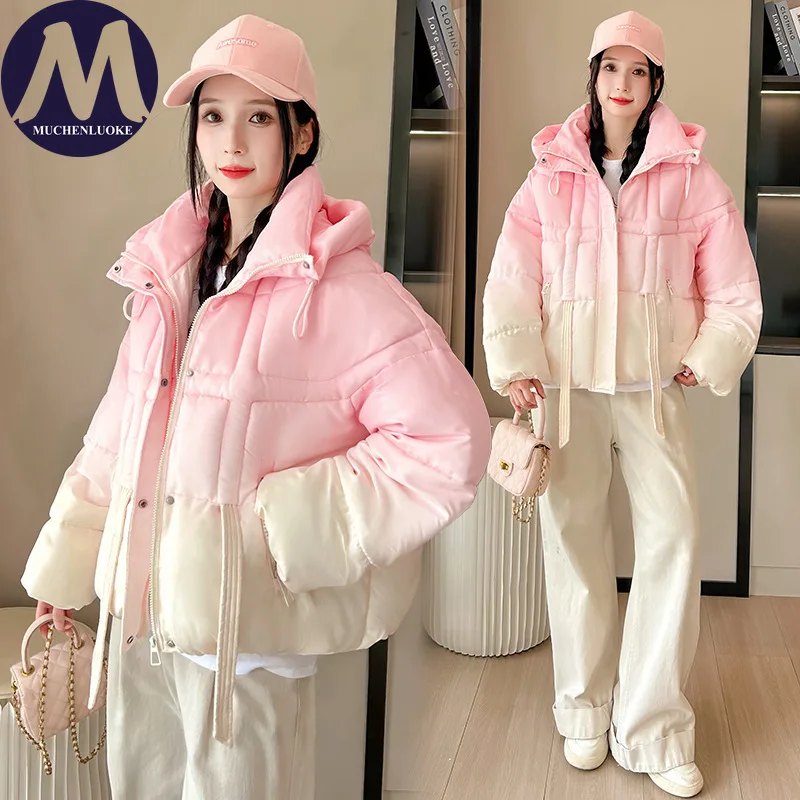 

Women's Gradient Color Hooded Winter down Jacket Thicken Casual Short Parka Korean Fashion Loose Warm Coat