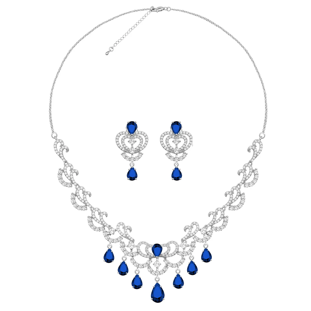 Wedding Jewelry Sets for Bride Bridesmaid Blue Sapphire White CZ Earrings Pendant Necklace Sets Silver Color Luxury Jewelry