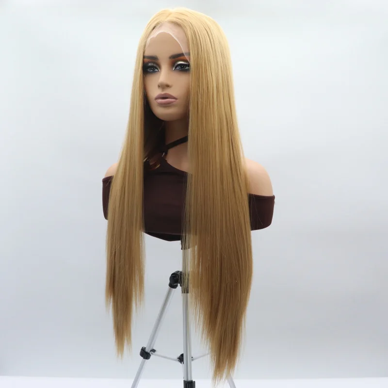 Women's wig, European and American cosplay, front lace, hand-woven, middle-parted, golden long straight hair, synthetic fiber fu