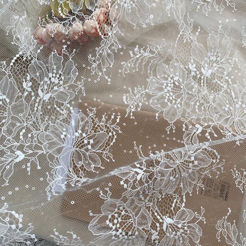 French-style Ethereal Transparent Sequins, Full-length Lace Feel, Wedding Gown and Dress Lining Lace Accessory, 1.5 Meters Wide