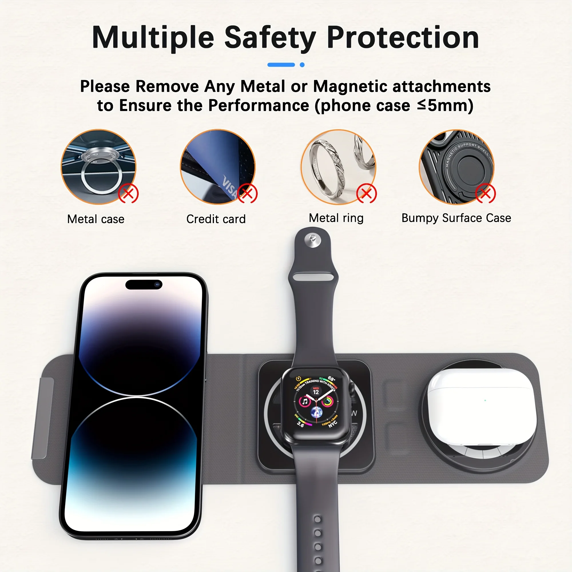 아이폰, 워치, 에어팟 동시 고속 충전을 위한 3 in 1 접이식 충전기, 마그네틱 무선 파워 독