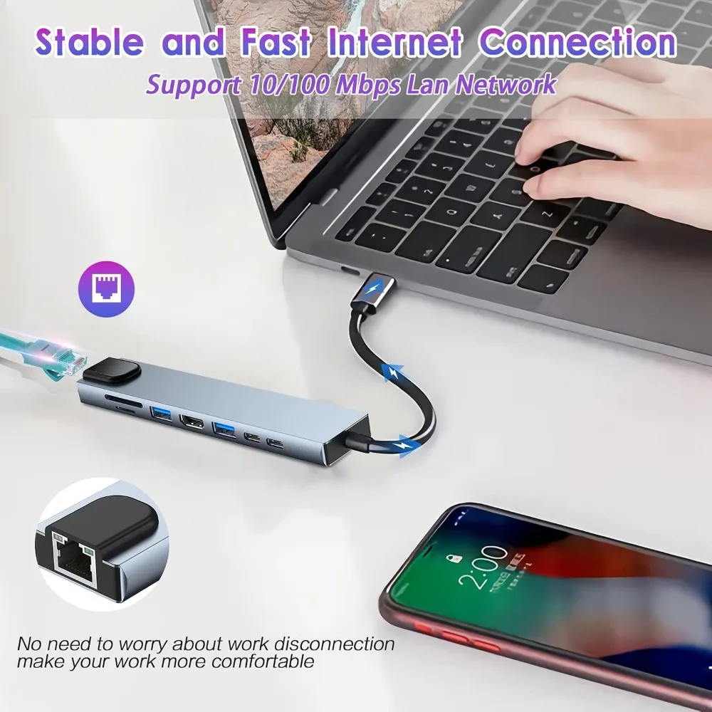 USB C Hub 8/7 in 1 4K HDMI Adapter Splitter with RJ45 USB3.0 2.0 SD/TF Card Reader PD Fast Charge for PC MacBook Notebook Laptop view 6