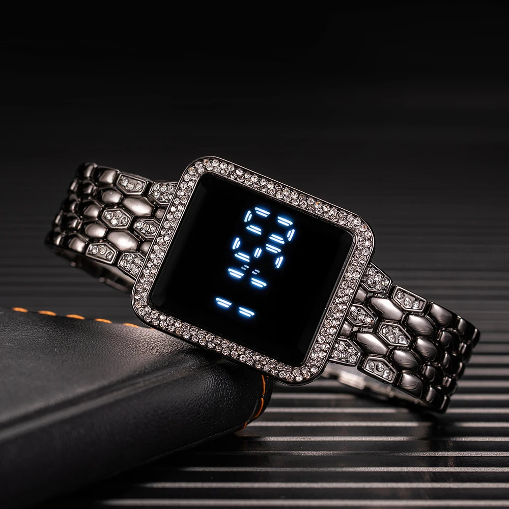 Luxury Fashion Women Digital Watch Alloy Strap Elegant Ladies Electronic Watch Square Rhinestone Dial Female Bracelet Wristwatch