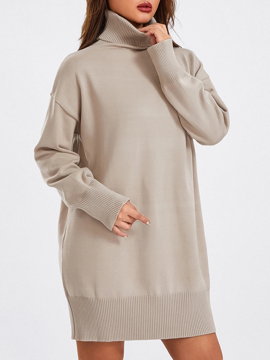 Women Knitted Sweater Dress Autumn Winter Turtleneck Screw Thread Ribbed Loose Long Sleeve Solid Color Dresses for Dailywear