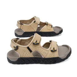 Summer Mens Casual Sandals Genuine Leather Cushion Natural Leather Open Shoes Beach Sandal Adjustable Anti-Skid