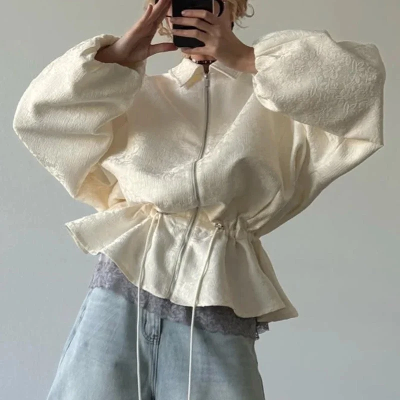 Apricot Jacquard Textured Jacket Women, Zip Up Lantern Sleeve Drawstring, Waist Slim Fit Vintage Palace, Style Casual Outerwear