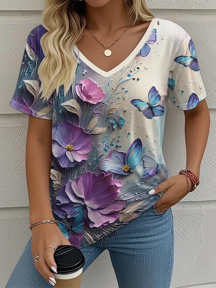

Plus Size Summer Women's V-neck Short Sleeve T-shirt Graphic Print Outdoor T-shirt Female Casual Oversized Clothing Streetshirts