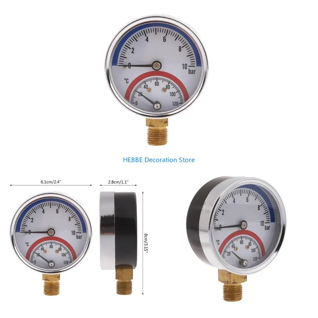B0KC 0-10Bar 0-120℃ Thermal Pressure Gauge Alloy 1/4in NPT 2.4in Liquid Filled Pressure Gauge Thermo-manometer Precisions
