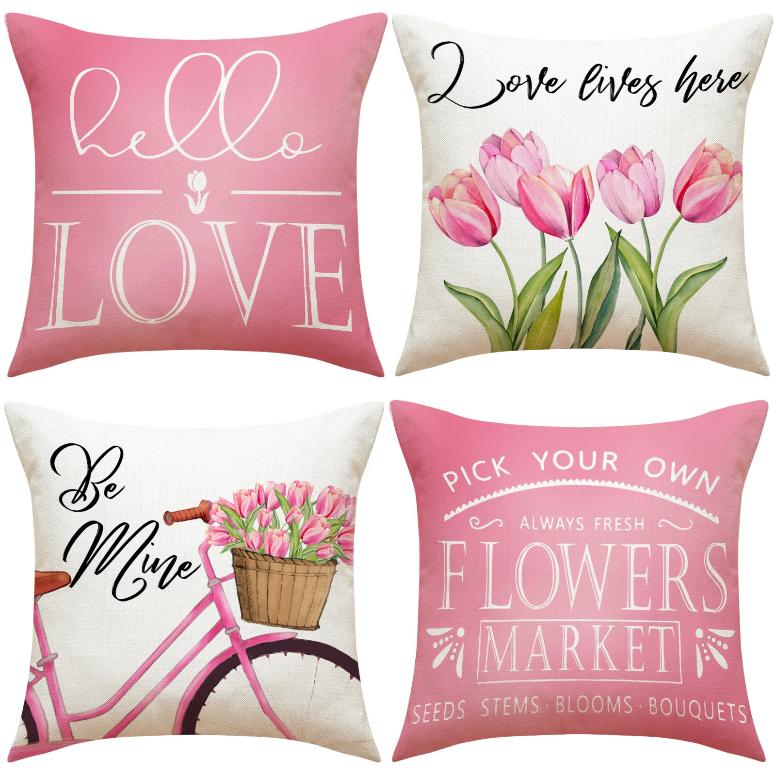 Valentine's Day Throw Pillow Linen Tulip Print Pillow Cover Car Headboard Cushion Cover Gift 45x45cm