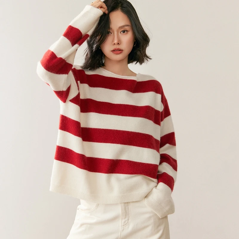 

100% Pure Cashmere Women's Crew Neck Pullover, 7 - Needle Striped Design, Soft and Elegant Style