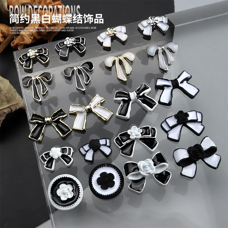 10PCS Oil Glossy Simple Black White Contrast Bowknot Alloy Nail Art Rhinestones Jewel Decorations Manicure Elegant Bow Ornaments