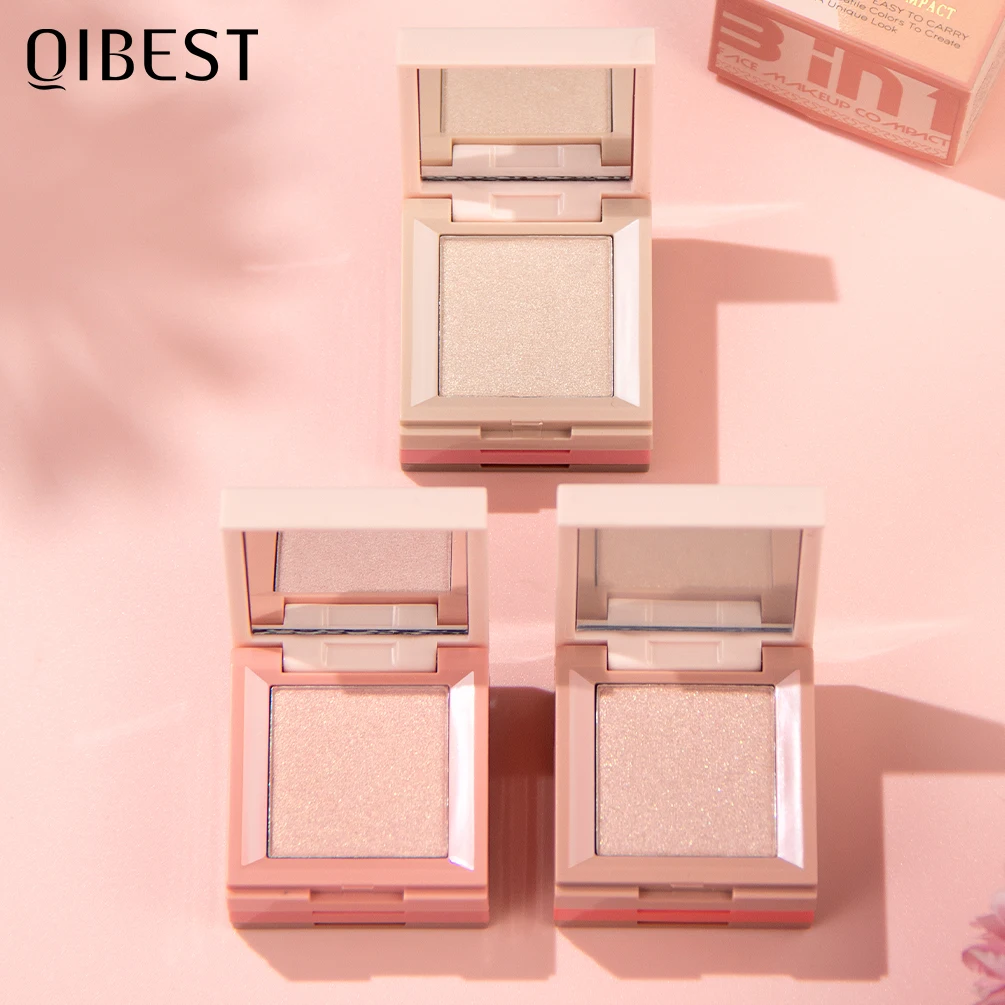 QIBEST 3 In 1 Contouring Highlight Blush Compact Contour Bronzer Highlighter Powder Palette Long-Lasting Face Makeup Blusher