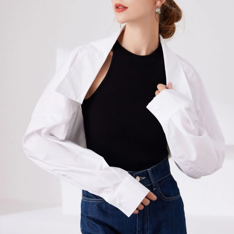 Áo khoác cổ giả màu trắng thanh lịch dành cho nữ Áo dài tay hở phía trước Crop Top Nhún vai