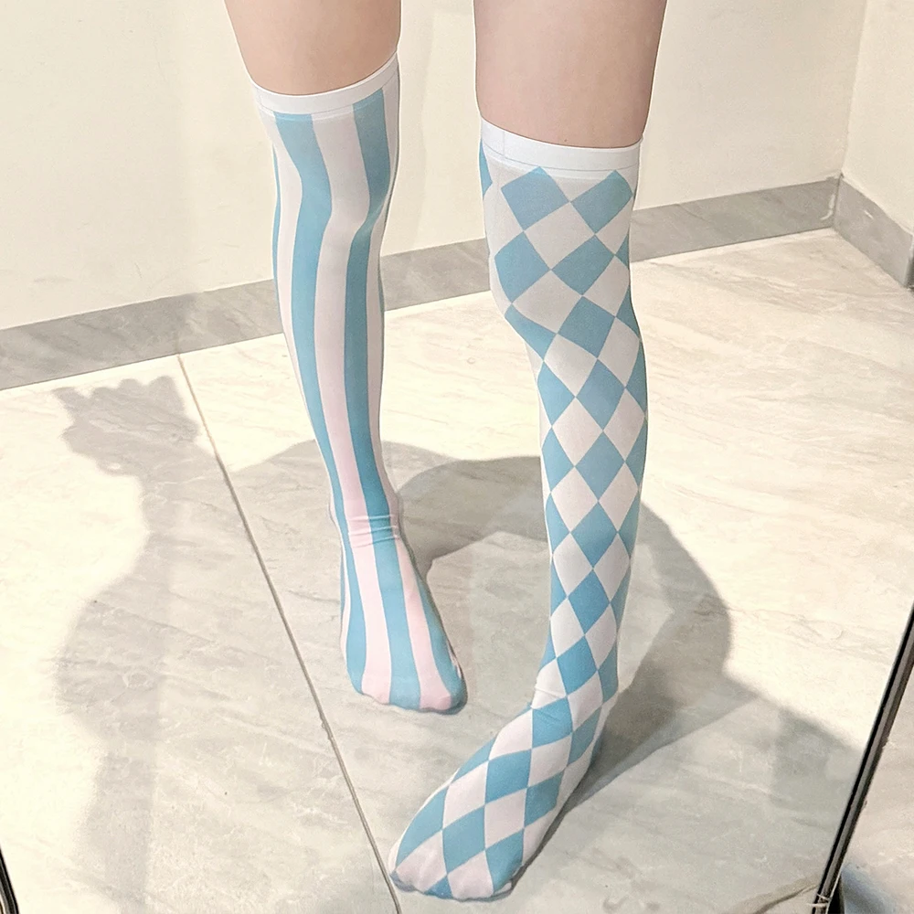 

Blue and white striped plaid anime stockings ladies sexy thigh socks sweet Lolita calf socks cute girl party comic-con Cosplay