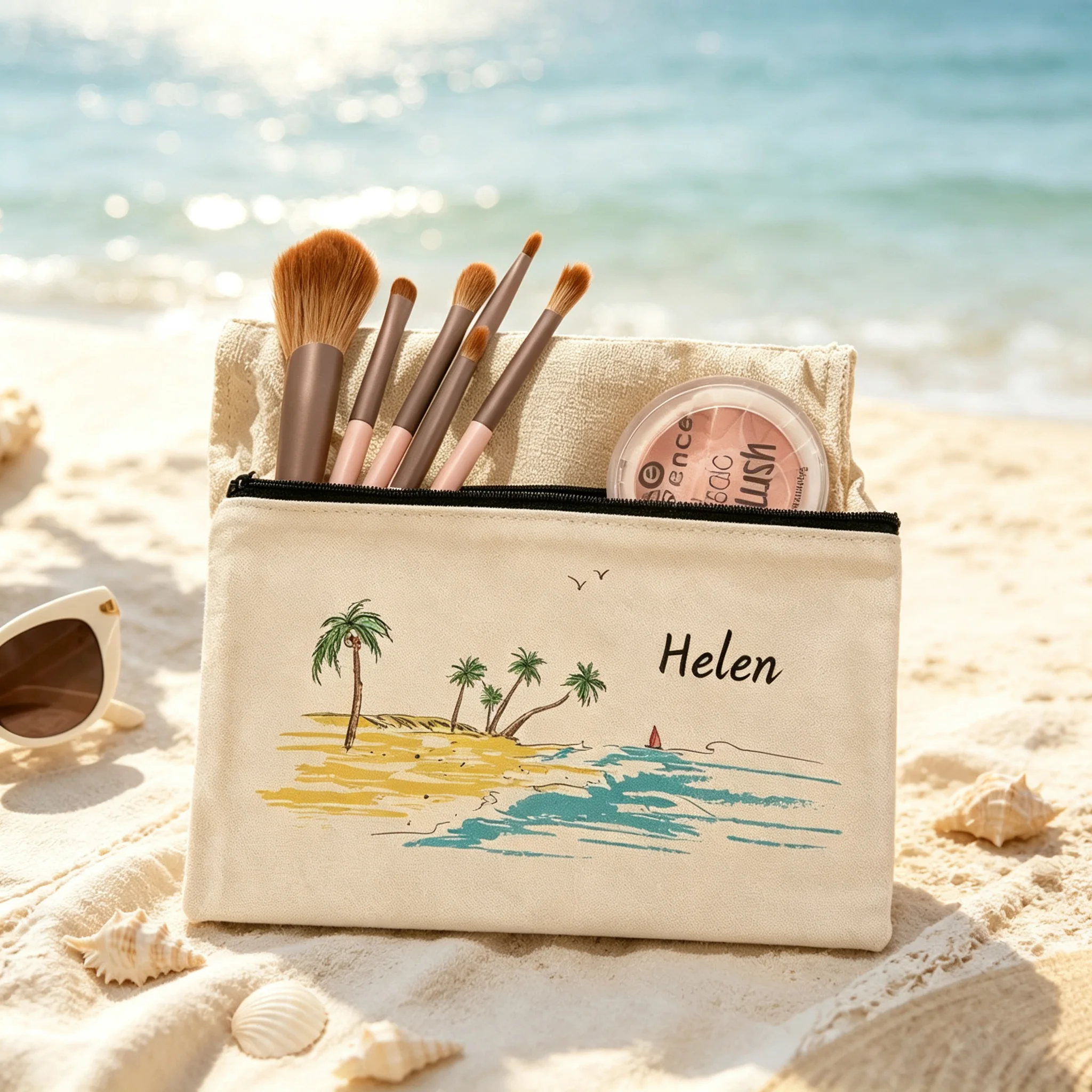 Personalized Beach Makeup Bag, Summer Vacation Toiletry Bag, Custom Name Cosmetic Pouch, Girls Trip Gift, Beach Bach Makeup Bag