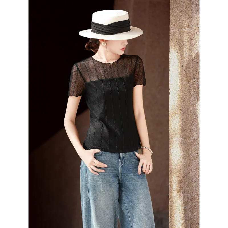 MEXCOCO 2026 New Summer Crew Neck Sheer Mesh Spliced Vertical Stripe Slim Short Sleeve Elegant Women Blouse