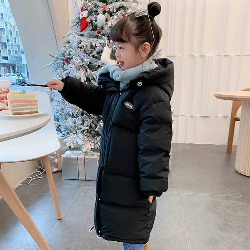 2025 novo inverno meninas para baixo jaqueta estilo longo cor sólida moda parka casaco com capuz zíper outerwear presente de aniversário crianças roupas