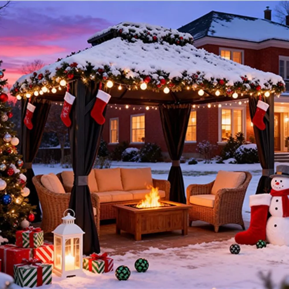 

12x12FT уличная беседка с двойной крышей и крышей из оцинкованной стали, сверхпрочный навес с металлическим каркасом и москитной сеткой