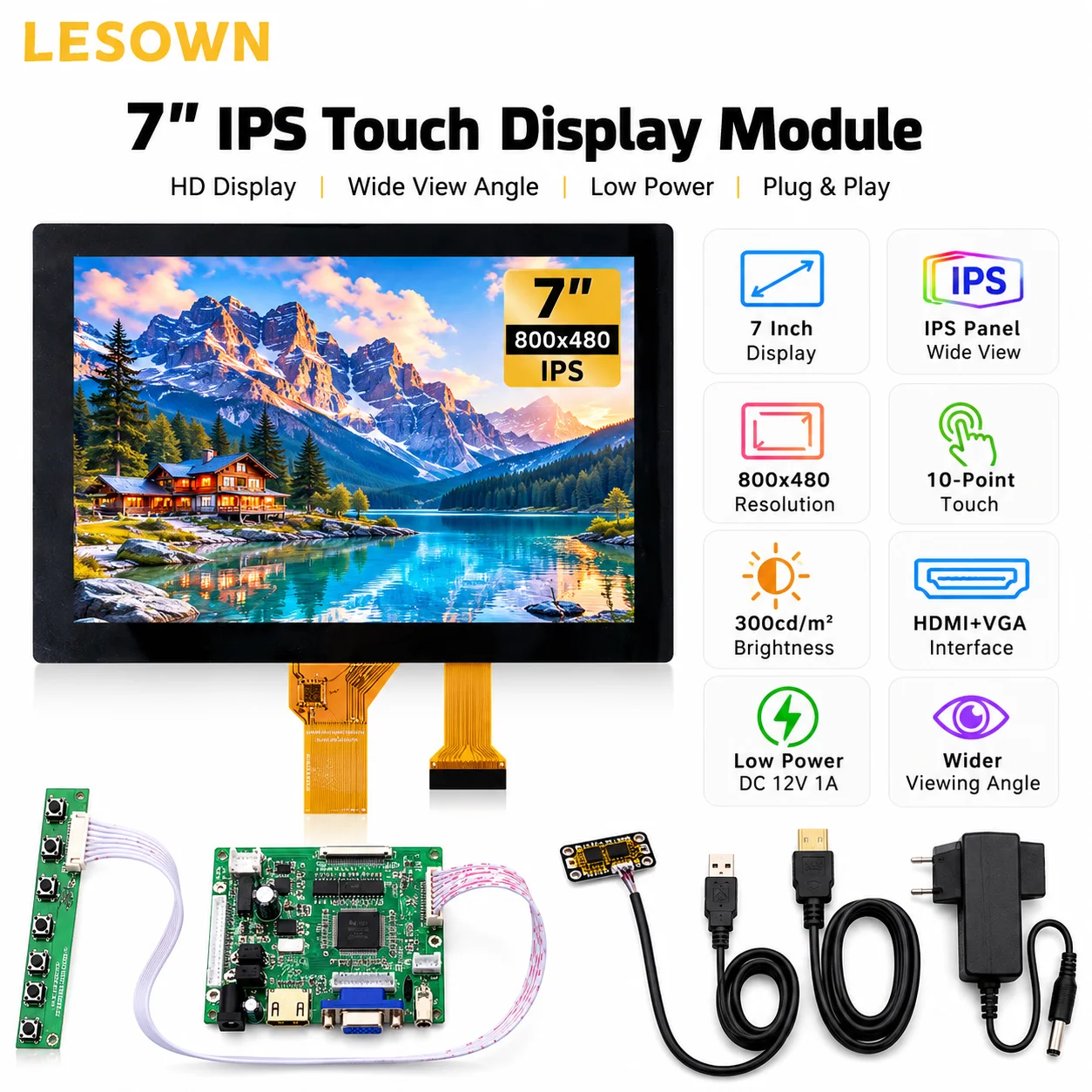 LESOWN 7 Inch Capacitive Touch Screen Monitor Module 800x480 G+G Panel with Driver Board Plug and Play for DIY Projects