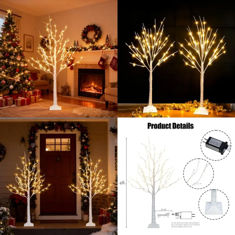 2 حزمة شجرة البتولا المضاءة 4 أقدام إجمالي 96 LED شجرة عيد الميلاد الاصطناعية المضاءة مسبقًا مع مؤقت لتزيين العطلة الداخلية والخارجية #1