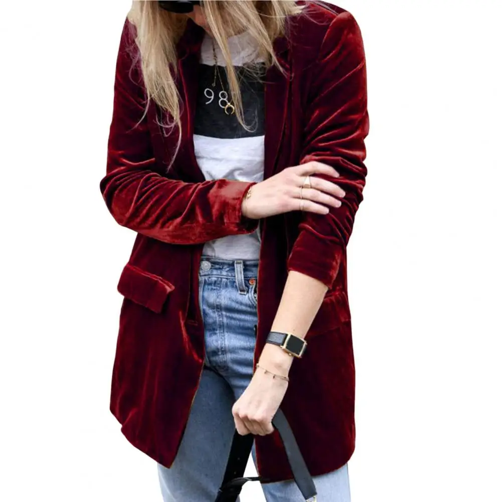 Pak Jas Fluwelen Effen Kleur Lange Mouw Vrouwen Blazer Losse Turndown Kraag Patchwork Dames Blazer Streetwear