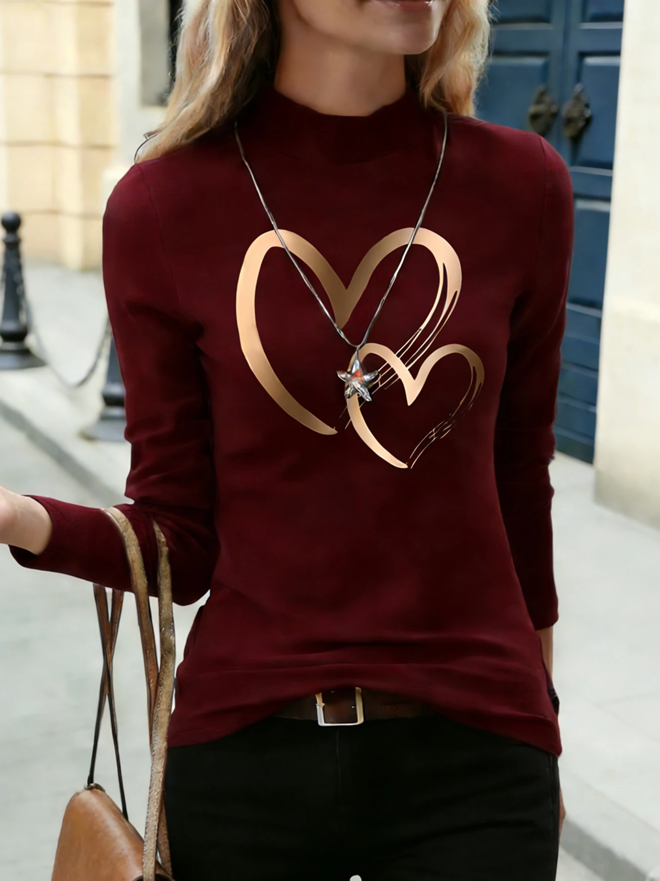 Women Mock Neck Long Sleeve Tops Rose Gold Double Heart Print Casual Blouse Fashion Daily T-Shirt Soft Tops For Spring Autumn
