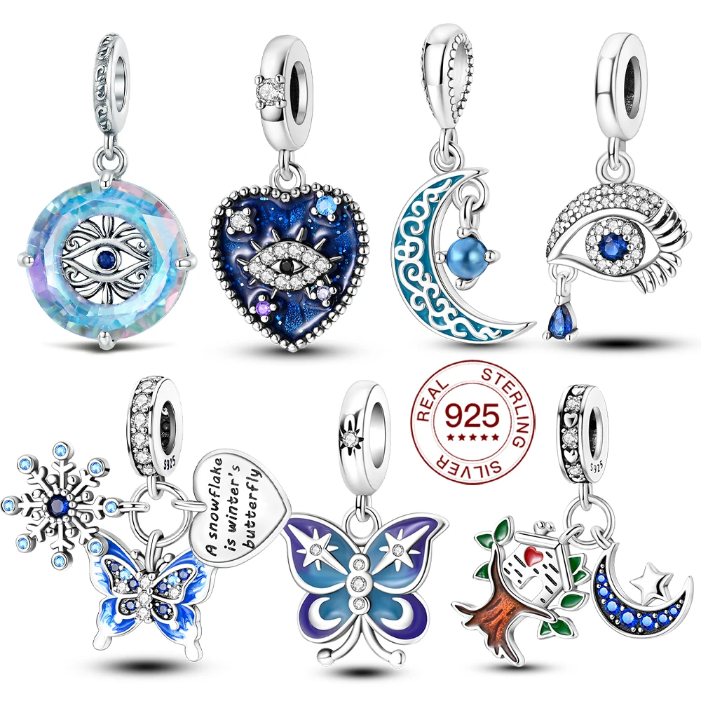 925 Sterling Silber Mystische Böse-Augen-Anhänger Blaue Schmetterlings-Mond-Schneeflocken-Perlen passend für Originalarmbänder Wunschschmuck Geschenk für Frauen