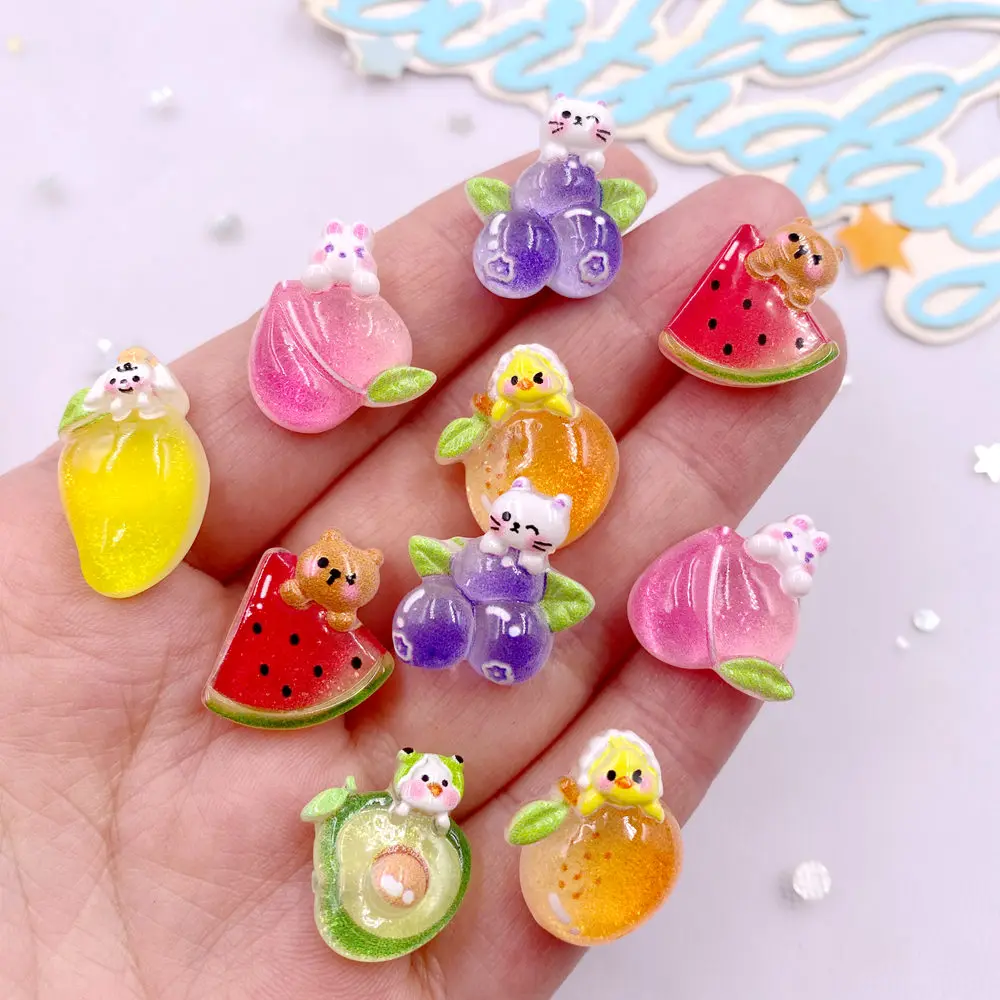 10PCS Painted Resin Colorful Cartoon Grape Peache Watermelons Avocados Ruit Flat back Stone Figurines DIY Scrapbook Crafts Decor