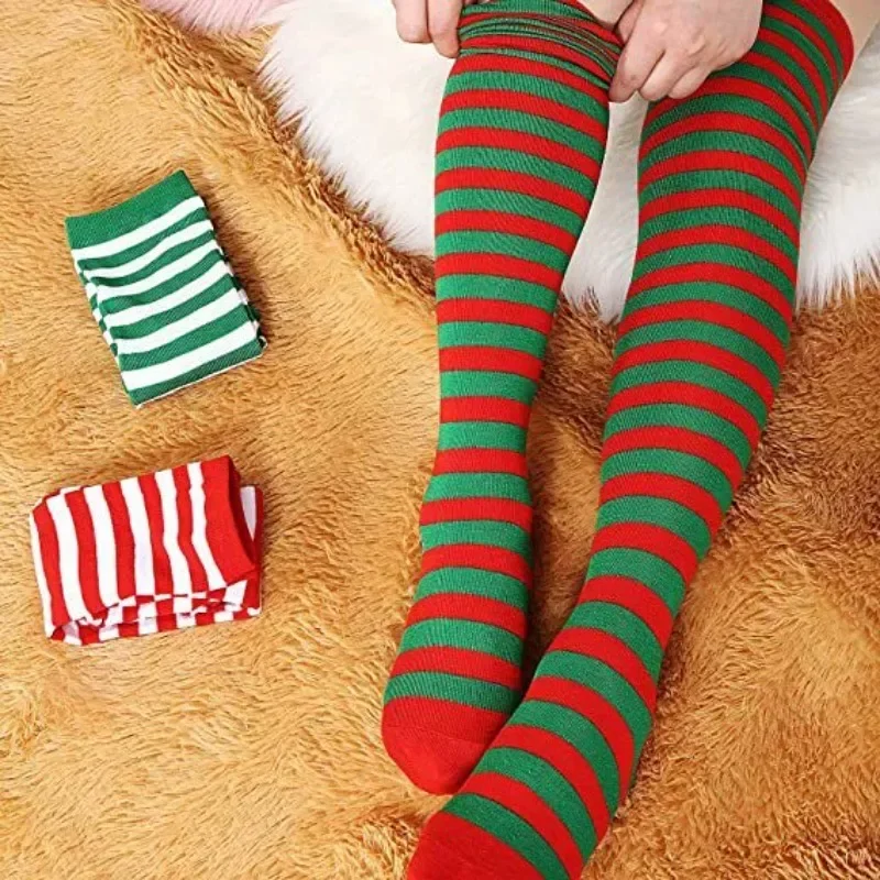 Świąteczne podkolanówki w paski czerwono-zielone, wysokie pończochy do uda, na festiwal, imprezę, cosplay, podkolanówki damskie i dziewczęce, dekoracja świąteczna.