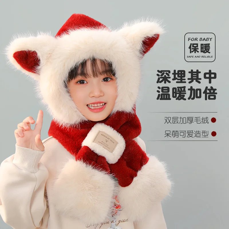Children's Plush Hat Winter Parent-child Fox Ear Hat Cute Mask Warm Cross Scarf Integrated Ear Protection