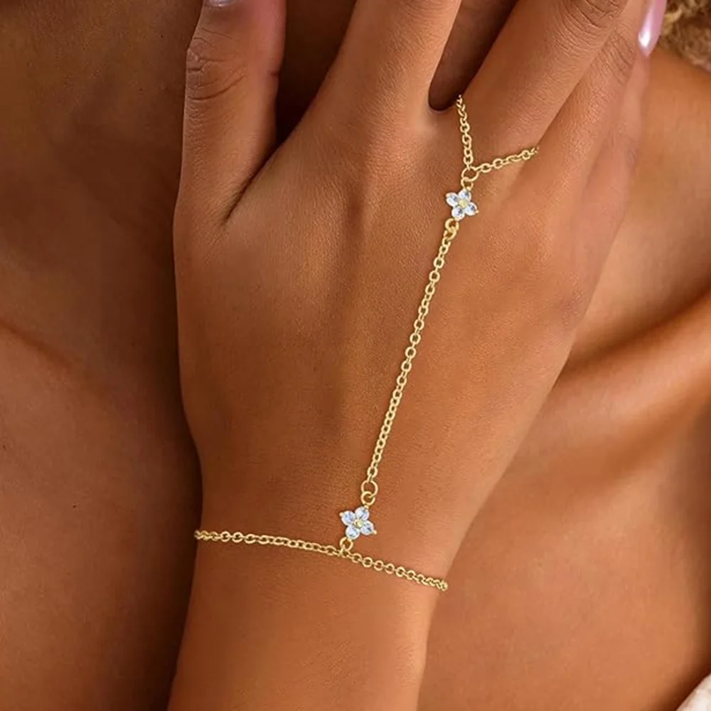 Dainty Hand Chain Bracelets Stackable 14k Gold Plated Finger Ring Bracelet Hand Chain Cz Flower Layered Link Bracelets for Women