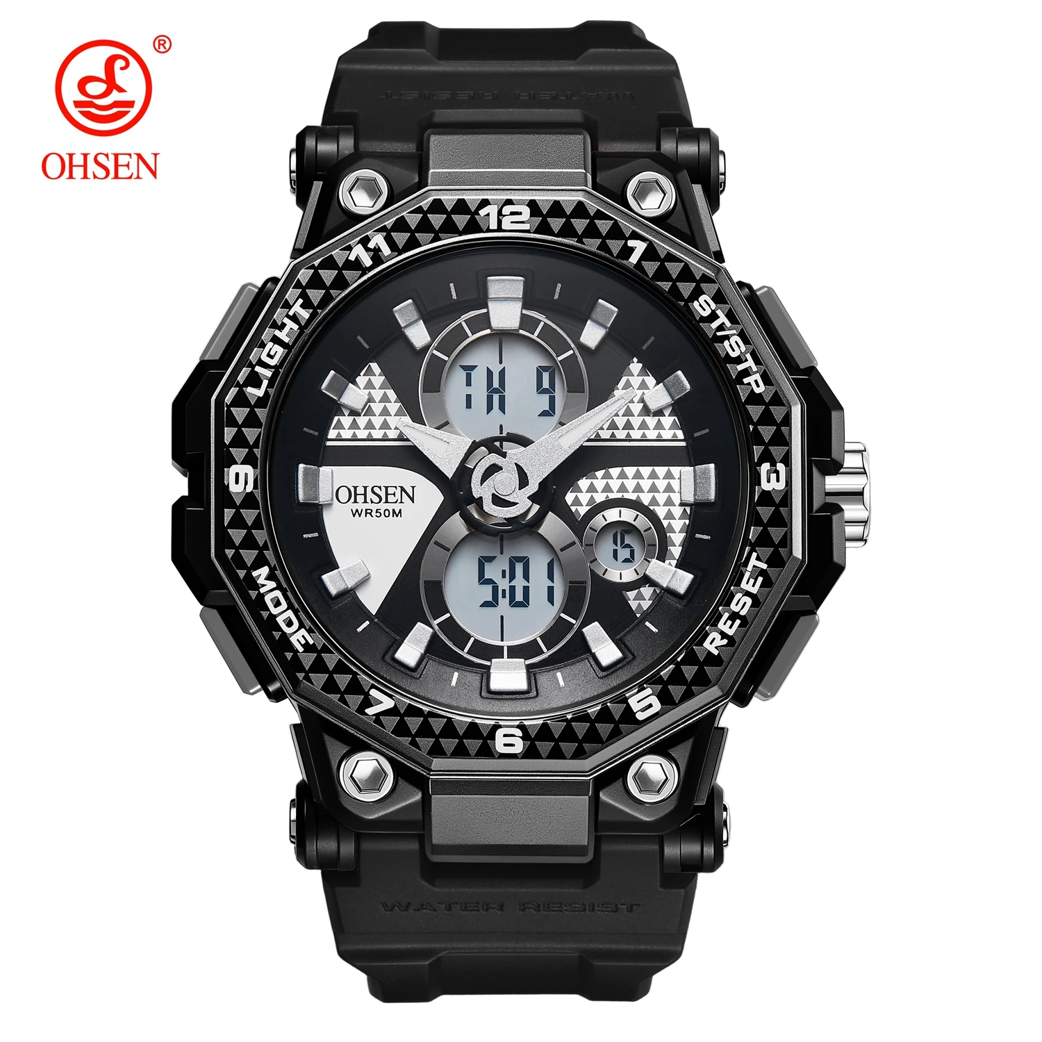 

OHSEN Sport Watch Black Electronic Military Wristwatch for Men Fashion Dual Time Quartz Watches Digital Alarm Stopwatch