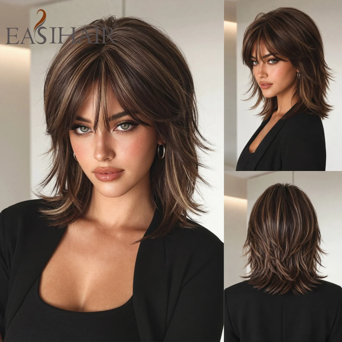 

Easihair Brown with Blonde Highlight Layered Wolf Cut Synthetic Wig Medium Length Hair with Bangs Heat Resistant Fiber Easy Wear
