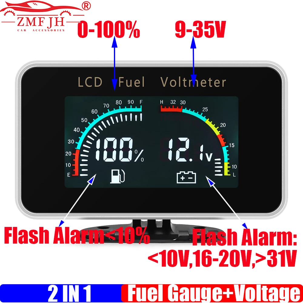 ZMFJH Digital LCD Dual Gauge 2IN1 0-100% Fuel Level Gauge+Voltage with Flashing Alarm Mini Meter For Universal Car Truck 9-32V