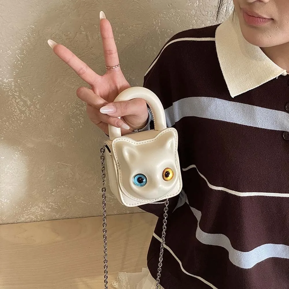 

Elegant Heterochromia Eyes Cat Handbag Anti-splash Water Magnetic Buckle Lipstick Crossbody Bag Mini Leather Small Coin Purse