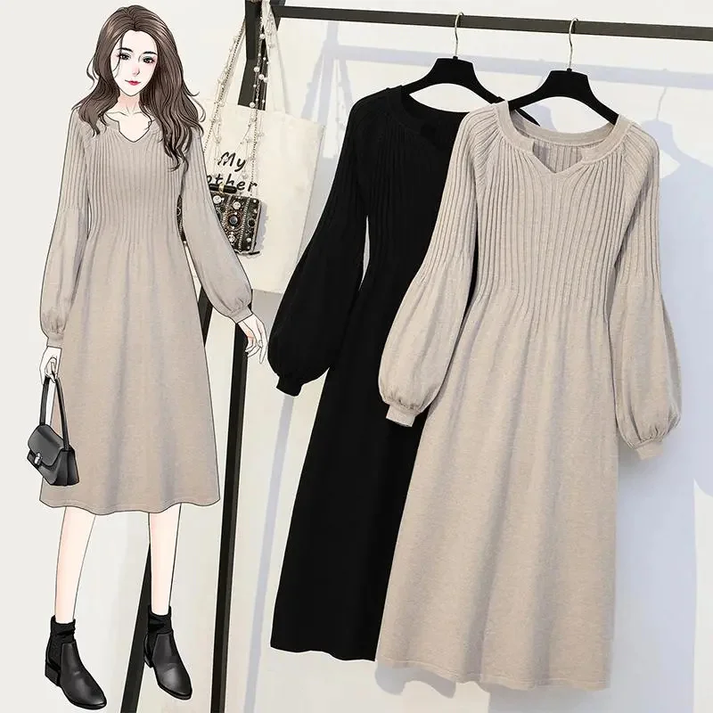 Autumn Winter Mid-Long Sweater Dress Women 2024New Loose Pure Colour Pullover Dresses Fashion Balloon Sleeve Knitwear Top Female