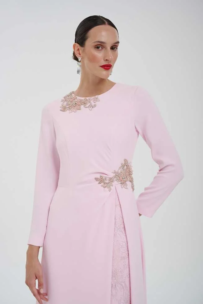 Customized A Line Crepe Evening Dress with Beaded Lace Appliques Round Neck Long Sleeve Split Front Formal Wedding Party Dresses
