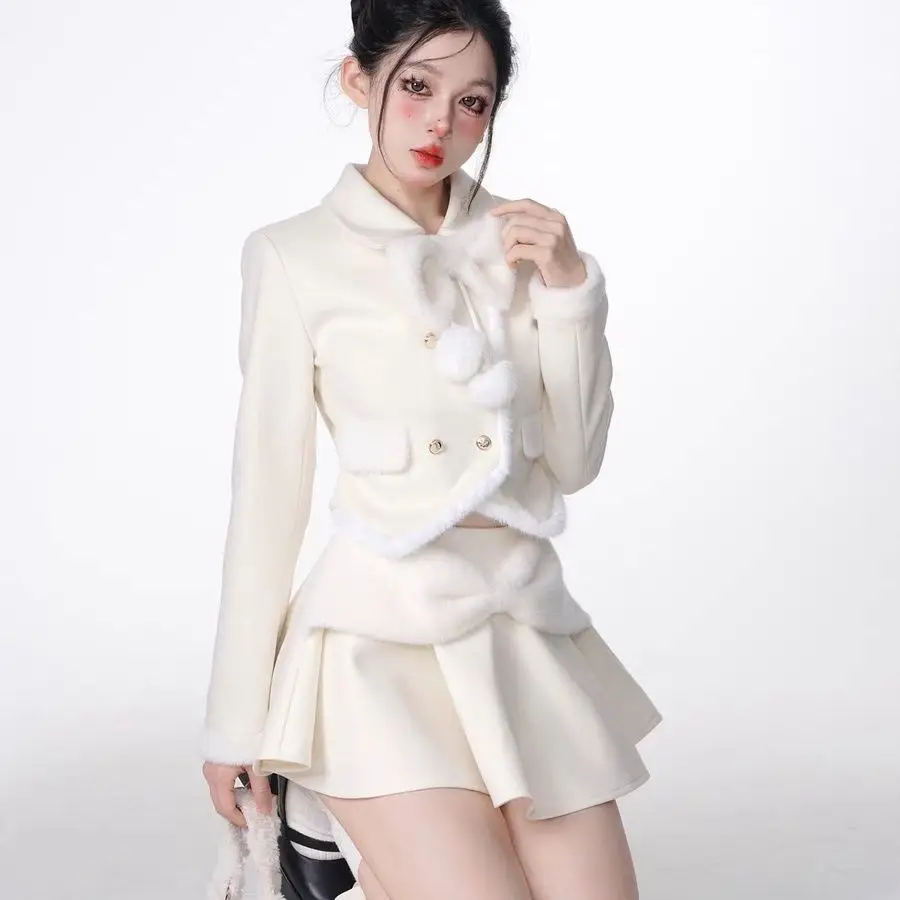 

Sweet Hot Girl Suit Women's Autumn/Winter Apricot Plush Lapel Short Coat A-line Mini Skirt Two-piece Set Fashion Female Clothes